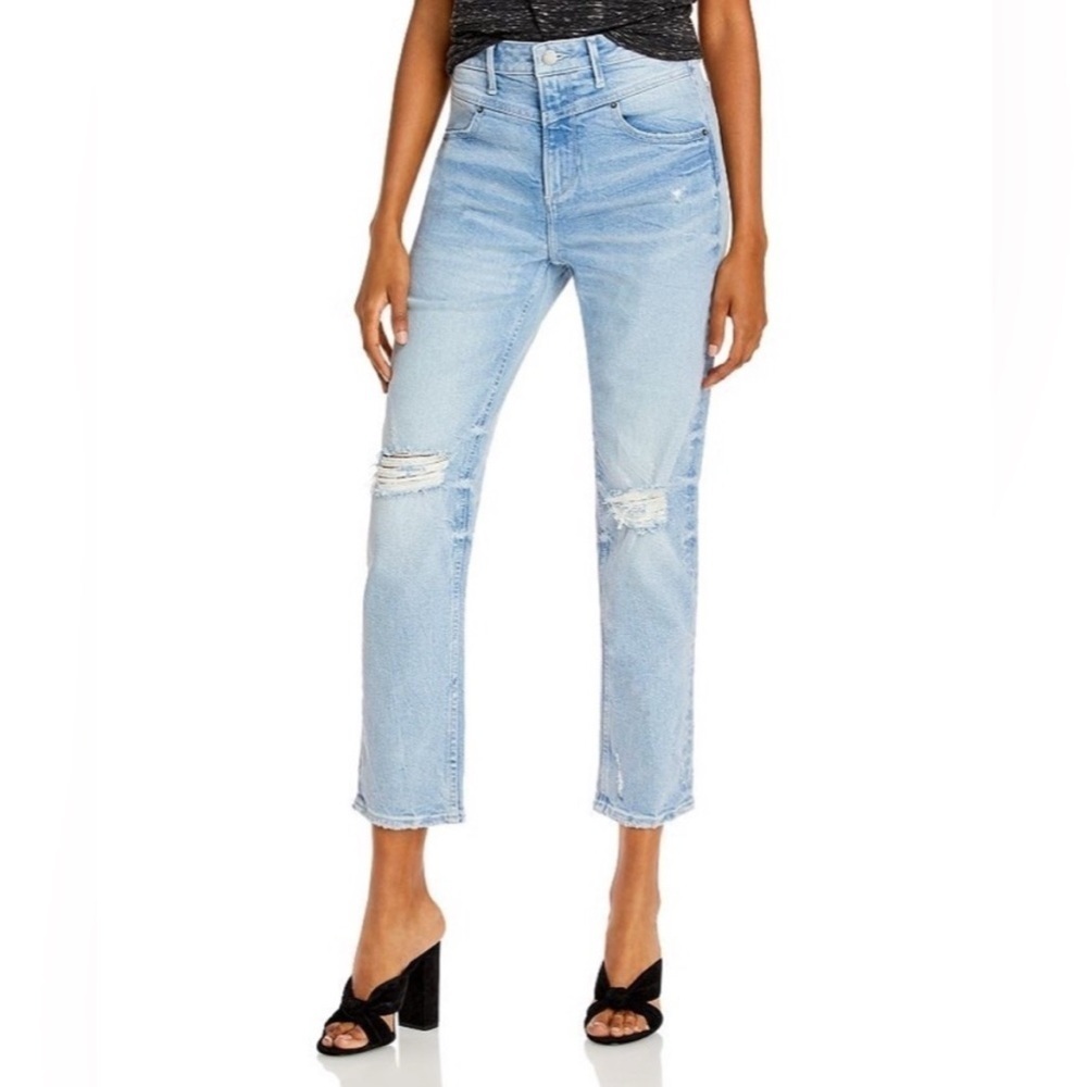 Aqua Light Wash High-Rise Yoke Detail Distressed Straight Leg Jeans Womens Sz 26